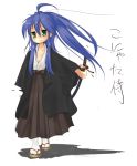  blue_hair green_eyes hakama haori izumi_konata japanese_clothes long_hair lucky_star samurai taicho128 translated translation_request wind windy 