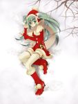  bell blush boots christmas detached_sleeves green_eyes green_hair hat long_hair snow tanaka_(artist) tanaka_(pixiv) thigh-highs thighhighs twintails 