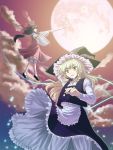  apron blonde_hair bloomers cloud flying full_moon hakurei_reimu hashiyamoto hat japanese_clothes kirisame_marisa long_hair miko moon multiple_girls ribbon ribbons sky touhou witch 