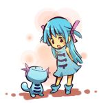  1girl arms_behind_back black_eyes blue_hair blush_stickers dress hitec long_hair looking_down looking_up moemon personification pokemon pokemon_(creature) pokemon_(game) pokemon_gsc sexual_dimorphism short_twintails simple_background smile twintails wooper zipper 