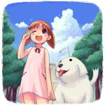  azumanga_daioh brown_hair child dog dress lowres mihama_chiyo short_twintails sky tadakichi-san twintails 