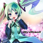  blue_eyes green_hair hair_ribbon hair_ribbons hand_on_ear hand_on_headphones hatsune_miku headphones looking_at_viewer necktie open_mouth ribbon ribbons sho_(artist) smile solo twintails vocaloid 