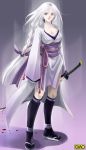  braid breasts cleavage japanese_clothes long_hair omc purple_eyes sandals sword thighhighs very_long_hair violet_eyes weapon white_hair 