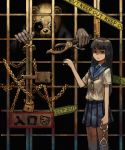  black_hair chain chains cuffs handcuffs jail long_hair original panda prison school_uniform serafuku sugimoto_gang 