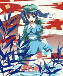  bad_id bag blue_hair bodimahattayaougaki body_mahattaya_ginga digital_camouflage hat kawashiro_nitori short_hair symbol-shaped_pupils touhou twintails wading water 