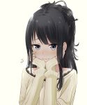  1girl bangs black_hair blue_eyes blush commentary_request eyebrows_visible_through_hair flying_sweatdrops grey_sweater hands_on_own_cheeks hands_on_own_face highres idolmaster idolmaster_shiny_colors kazano_hiori lace-trimmed_sweater long_hair long_sleeves looking_at_viewer nose_blush ponytail ribbed_sweater ryouta_(ryouta335) sidelocks simple_background sleeves_past_wrists solo sweater upper_body wavy_mouth white_background 