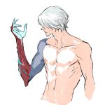  1boy collarbone devil_may_cry devil_may_cry_4 hair_over_eyes looking_at_hand male_focus mlxgdog navel nero_(devil_may_cry) nipples nude parted_lips simple_background sketch solo upper_body white_background white_hair 