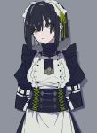  1girl arms_behind_back bangs black_hair bound bound_arms breasts corset frills green_eyes grey_background highres looking_at_viewer maid maid_headdress mochizuki_kei original parted_lips shadow short_hair simple_background solo 