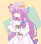  1girl blue_bow blue_ribbon bow bowtie breasts capelet commentary_request cowboy_shot crescent crescent_moon_pin eyebrows_visible_through_hair hair_bow hat hat_ribbon highres long_hair long_sleeves looking_at_viewer medium_breasts mob_cap narrowed_eyes patchouli_knowledge puffy_sleeves purple_hair red_bow red_neckwear red_ribbon ribbon robe simple_background solo tatutaniyuuto touhou very_long_hair violet_eyes 