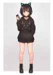  1girl bangs bare_legs blush bob_cut boots brown_hair cat_ear_headphones cellphone choker grey_eyes hand_in_pocket headphones highres holding holding_phone hood hoodie original phone smartphone solo tanbonota46 