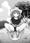  1girl breasts closed_mouth clouds gouguru haruka_(pokemon) hat large_breasts looking_at_viewer pokemon pokemon_(anime) pokemon_rse_(anime) presenting short_hair smile solo tree 