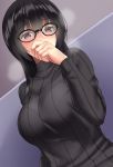  1girl bangs black_hair black_sweater blush breasts commentary_request covering_mouth dutch_angle eyebrows_visible_through_hair glasses heavy_breathing huyumitsu large_breasts long_hair long_sleeves looking_at_viewer original red_eyes solo sweat sweater upper_body 
