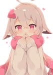  1girl animal_ears commentary_request ears_down flower fox_ears happy heart highres long_hair long_sleeves mugi-chan_(muuran) muuran original pink_eyes pink_scarf scarf silver_hair sleeves_past_wrists smile steepled_fingers sweater 