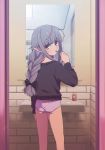  1girl ass bathroom black_bow black_sweater bow braid brown_eyes brushing_teeth commentary eyebrows_visible_through_hair feet_out_of_frame grey_hair hair_bow highres indoors long_hair long_sleeves looking_at_viewer looking_back makaino_ririmu mirror multicolored_hair nijisanji no_pants panties pink_panties pointy_ears redhead sabamen sink solo streaked_hair sweater tile_wall tiles toothbrush twin_braids underwear virtual_youtuber 