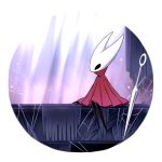  1girl cloak commentary_request dated full_body hollow_eyes hollow_knight hornet_(hollow_knight) horns light_rays needle no_humans red_cloak sango_(y1994318) silk simple_background sitting solo spider_web weapon white_background 