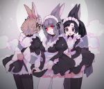  3girls animal_ears black_eyes black_hair black_legwear black_ribbon blush blush_stickers brown_hair bunny_tail eyebrows_visible_through_hair frills grey_hair highres long_hair maid maid_headdress multiple_girls open_mouth original pantyhose parted_lips rabbit_ears red_eyes ribbon short_hair shou_(hanasakukoroni) smile tail teeth thigh-highs twintails upper_teeth white_legwear 