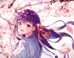  1girl artist_name bangs breasts cherry_blossoms commentary_request eyebrows_visible_through_hair fate/stay_night fate_(series) hair_ribbon heaven&#039;s_feel highres large_breasts long_hair long_sleeves looking_at_viewer matou_sakura nelf pink_ribbon purple_hair ribbon shirt smile solo violet_eyes white_shirt 
