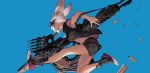  1girl animal_ears bare_legs blue_eyes bunny_girl byuub crop_top dark_skin final_fantasy final_fantasy_xiv goggles goggles_on_head gun jacket jumping machinist_(final_fantasy) midriff navel open_clothes open_jacket open_mouth rabbit_ears shell_casing shoes short_hair shorts strap strap_slip viera weapon white_hair 
