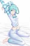  1girl aqua_bow aqua_eyes aqua_hair arms_up bed_sheet bibboss39 blue_pants blue_shirt blush bow bowtie braid commentary hair_ornament hair_rings hatsune_miku highres long_sleeves looking_at_viewer midriff navel one_eye_closed open_mouth outstretched_arm pajamas pants pom_pom_(clothes) shirt sitting skinny solo stretch vocaloid wariza white_background yawning 
