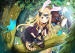  1girl abigail_williams_(fate/grand_order) absurdres animal_ears bangs black_bow black_dress black_footwear black_gloves black_legwear blonde_hair blue_eyes boots bow bug bunny_girl bunny_tail butterfly butterfly_hair_ornament commentary dress fate/grand_order fate_(series) fingerless_gloves gloves hair_ornament highres holding holding_hammer insect kaya_(tyhk7874) long_hair looking_at_viewer orange_bow outdoors parted_bangs rabbit_ears solo tail thigh-highs tree 