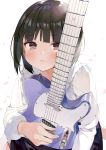  1girl black_skirt blouse blush brown_eyes brown_hair closed_mouth electric_guitar fender_telecaster guitar highres holding holding_instrument instrument looking_at_viewer matsui_hiroaki original short_hair skirt solo white_background white_blouse 