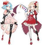  2girls artist_name asymmetrical_legwear bangs bare_arms bare_shoulders bat_wings black_legwear blonde_hair blue_hair blush bow commentary_request dress eyebrows_visible_through_hair flandre_scarlet flat_color full_body gotoh510 hat hat_bow highres juliet_sleeves long_sleeves looking_at_viewer mismatched_legwear mob_cap multiple_girls petticoat pink_dress pink_headwear pointy_ears puffy_sleeves red_bow red_dress red_eyes red_footwear remilia_scarlet shoes short_hair siblings side_ponytail simple_background single_leg_pantyhose single_sleeve sisters touhou white_background white_headwear white_legwear wings 