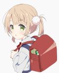  1girl backpack bag bangs blush brown_hair collared_shirt cropped_torso eyebrows_visible_through_hair green_eyes grey_background grey_shirt hair_ornament long_sleeves looking_at_viewer looking_back meito_(maze) parted_lips randoseru shigure_ui_(channel) shigure_ui_(vtuber) shirt solo suspenders twintails upper_body virtual_youtuber 