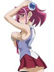  1girl armpits ass blue_eyes blush breasts closed_mouth hiiragi_yuzu jewelry looking_at_viewer makino_tomoyasu multicolored_hair no_panties pink_hair school_uniform short_twintails simple_background skirt sleeveless solo twintails two-tone_hair white_background yuu-gi-ou yuu-gi-ou_arc-v 