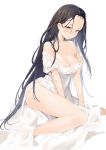  1girl absurdres bare_shoulders breasts brown_eyes brown_hair dress forehead full_body highres iiiroha legs long_hair medium_breasts mole original parted_lips sitting solo very_long_hair white_background white_dress 