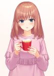  1girl bangs blue_eyes blush brown_hair commentary_request cup drink eyebrows_visible_through_hair fringe_trim gohei_(aoi_yuugure) highres holding holding_cup long_hair long_sleeves mug original parted_lips purple_sweater simple_background smile solo steam sweater upper_body white_background 