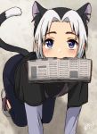  1boy all_fours animal_ears blue_eyes blush cat_boy cat_ears highres looking_at_viewer male_focus mouth_hold multicolored_hair newspaper oginy solo tail two-tone_hair uchi_no_tama_shirimasen_ka? white_hair 