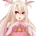  1girl azuri909 bangs blonde_hair blush commentary_request dress eyebrows_visible_through_hair fate/kaleid_liner_prisma_illya fate_(series) gloves hair_between_eyes hair_ornament heart illyasviel_von_einzbern long_hair looking_at_viewer open_mouth pink_dress red_eyes simple_background solo two_side_up white_background white_gloves 