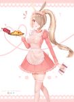  1girl :o ? animal_ears apron artist_name bangs blonde_hair blush breasts brown_eyes brown_hair deviantart_logo dress eyebrows_visible_through_hair feet_out_of_frame highres holding instagram_logo ketchup ketchup_bottle large_breasts long_hair long_sleeves looking_at_viewer maid maid_dress original pink_apron pink_dress pink_legwear ponytail puppypaww rabbit_ears solo thigh-highs twitter_logo valentine waitress 