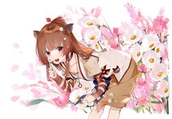  1girl animal_ears animare blush brown_hair brown_skirt capybara_ears collarbone flower hair_between_eyes holding holding_flower jacket leaning_forward long_hair long_sleeves miwano_ragu name_tag open_mouth pink_flower red_eyes skirt smile virtual_youtuber white_flower white_jacket yunohara_izumi 