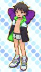  1boy arms_behind_head bandaid bandaid_on_face blush briefs brown_eyes brown_hair down_jacket edging_briefs full_body highres looking_at_viewer male_focus oginy original shoes smile sneakers solo underwear 