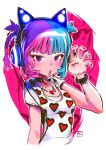  1girl andrea_cofrancesco blue_hair blush cat_ear_headphones claw_pose copyright_request fingernails hand_up headphones heart heart_necklace heart_print jewelry looking_at_viewer multicolored_hair necklace open_mouth pink_background purple_hair red_nails shirt short_sleeves signature solo two-tone_hair upper_body violet_eyes white_shirt zoom_layer 