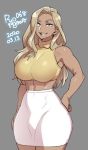  1girl abs agawa_ryou bare_shoulders blonde_hair blue_eyes breasts commentary dark_skin dated grey_background hand_on_hip large_breasts long_hair looking_at_viewer midriff muscle original signature simple_background skirt solo standing toned white_skirt 