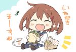  1girl ^_^ bangs blue_skirt blush brown_hair chibi closed_eyes cup eyebrows_visible_through_hair fang food hair_ornament hairclip highres hizuki_yayoi holding holding_food ikazuchi_(kantai_collection) kantai_collection long_sleeves musical_note open_mouth picnic_basket red_neckwear sailor_collar sandwich school_uniform serafuku short_hair simple_background sitting skin_fang skirt solo thigh-highs translation_request white_background 