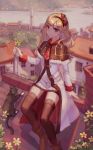  1girl animal azur_lane bekko boots bow cat chimney coat dorsetshire_(azur_lane) flower highres holding holding_flower lighthouse looking_at_viewer roofing_tile rooftop sitting thigh-highs white_coat window 