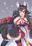  1girl animal_ears azur_lane black_hair breasts cocoasabure commentary_request fang highres hololive large_breasts long_hair looking_at_viewer ookami_mio open_mouth sideboob simple_background solo tail thigh-highs virtual_youtuber wolf_ears wolf_tail yellow_eyes 