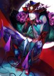  1boy blue_eyes blue_lipstick boots curly_hair demon_tail fate/grand_order fate_(series) grin hat highres lipstick looking_at_viewer makeup mephistopheles_(fate/grand_order) multiple_tails muscle prairie-wolf purple_hair scissors smile solo tail weapon 