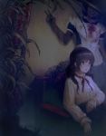  2girls black_hair blood blood_on_face bloody_clothes braid brown_eyes brown_hair couch curtains dark frills hisahisahisahisa horror_(theme) indoors long_hair maid multiple_girls original parted_lips plant red_curtains red_ribbon ribbon sitting smile teeth upper_teeth v 