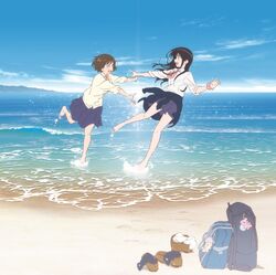  2girls bag barefoot fragtime highres moritani_misuzu multiple_girls murakami_haruka ocean official_art school_uniform shoes shoes_removed sky socks 