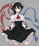  1girl asymmetrical_wings black_hair black_skirt breasts collared_shirt cropped_legs dated fingernails grey_background hair_between_eyes hair_ribbon highres houjuu_nue long_hair looking_at_viewer maid_headdress makita_(vector1525) medium_breasts nail_polish puffy_short_sleeves puffy_sleeves red_eyes red_nails red_neckwear red_ribbon ribbon shirt short_sleeves simple_background skirt skirt_hold solo touhou underbust white_shirt wing_collar wings wristband 