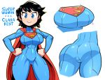  1girl :&gt; ass black_hair blue_bodysuit blue_eyes blush bodysuit breasts bright_pupils cape character_name closed_mouth commentary covered_navel english_commentary genderswap genderswap_(mtf) hands_on_hips large_breasts long_sleeves looking_at_viewer rariatto_(ganguri) red_cape simple_background smile solo standing superman superman_(series) white_background wide_hips 