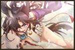  1girl animal_ears black_border black_hair blood blood_on_face blue_eyes blurry border breasts commentary depth_of_field detached_sleeves dutch_angle fate/grand_order fate_(series) hair_over_one_eye hat highres injury looking_at_viewer medium_breasts open_mouth solo_focus teeth tokin_hat urara_(sia8artchu) ushiwakamaru_(fate/grand_order) 