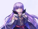  1girl absurdly_long_hair black_dress black_feathers cape cloak dress expressionless eyebrows_visible_through_hair feathers fire_emblem fire_emblem:_the_binding_blade fire_emblem_heroes hair_between_eyes highres long_dress long_hair long_sleeves looking_at_viewer mesz410 purple_hair simple_background solo sophia_(fire_emblem) very_long_hair violet_eyes 