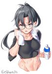  1girl alternate_costume amagiri_(kantai_collection) black_hair bottle breasts brown_eyes ebifurya glasses groin_tendon highres kantai_collection looking_at_viewer medium_breasts semi-rimless_eyewear solo sweat sweating_profusely towel towel_around_neck twitter_username water_bottle white_background 