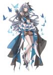  1girl absurdres breasts bronya_zaychik bronya_zaychik_(herrscher_of_reason) bug butterfly detached_sleeves dress drill_hair earrings full_body grey_eyes grey_hair highres honkai_(series) honkai_impact_3rd insect jewelry layered_dress long_hair looking_at_viewer small_breasts white_background white_legwear xianyu_liang 