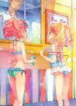  1boy 2girls aikatsu!_(series) aikatsu_stars! bikini blonde_hair blue_eyes bow brown_eyes casual_one-piece_swimsuit commentary_request eyelashes food_stand gradient_hair hair_bow halterneck highres holding_drink katou_akatsuki looking_to_the_side multicolored_hair multiple_girls nijino_yume one-piece_swimsuit open_mouth pink_hair sakuraba_rola side-tie_bikini smile striped swimsuit vertical-striped_bikini vertical_stripes 